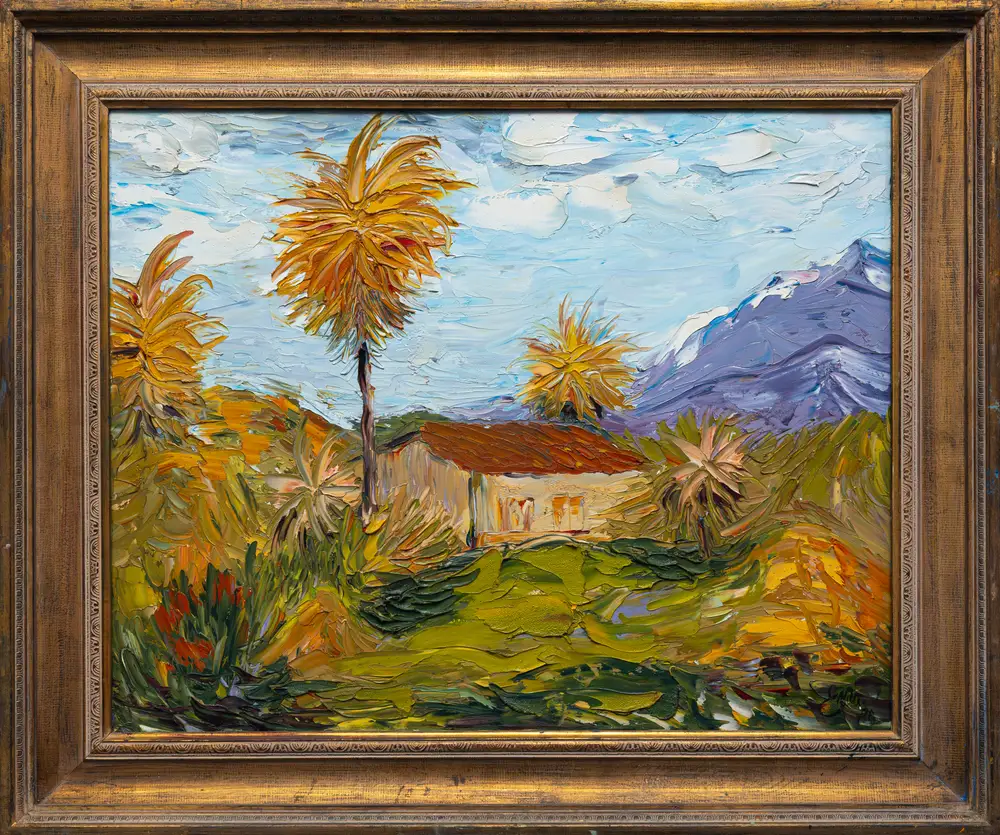 Costa Rica Red Roof, a 1998 palette knife oil painting by JD Miller of a red-roofed house among golden palms and greenery with mountains behind.