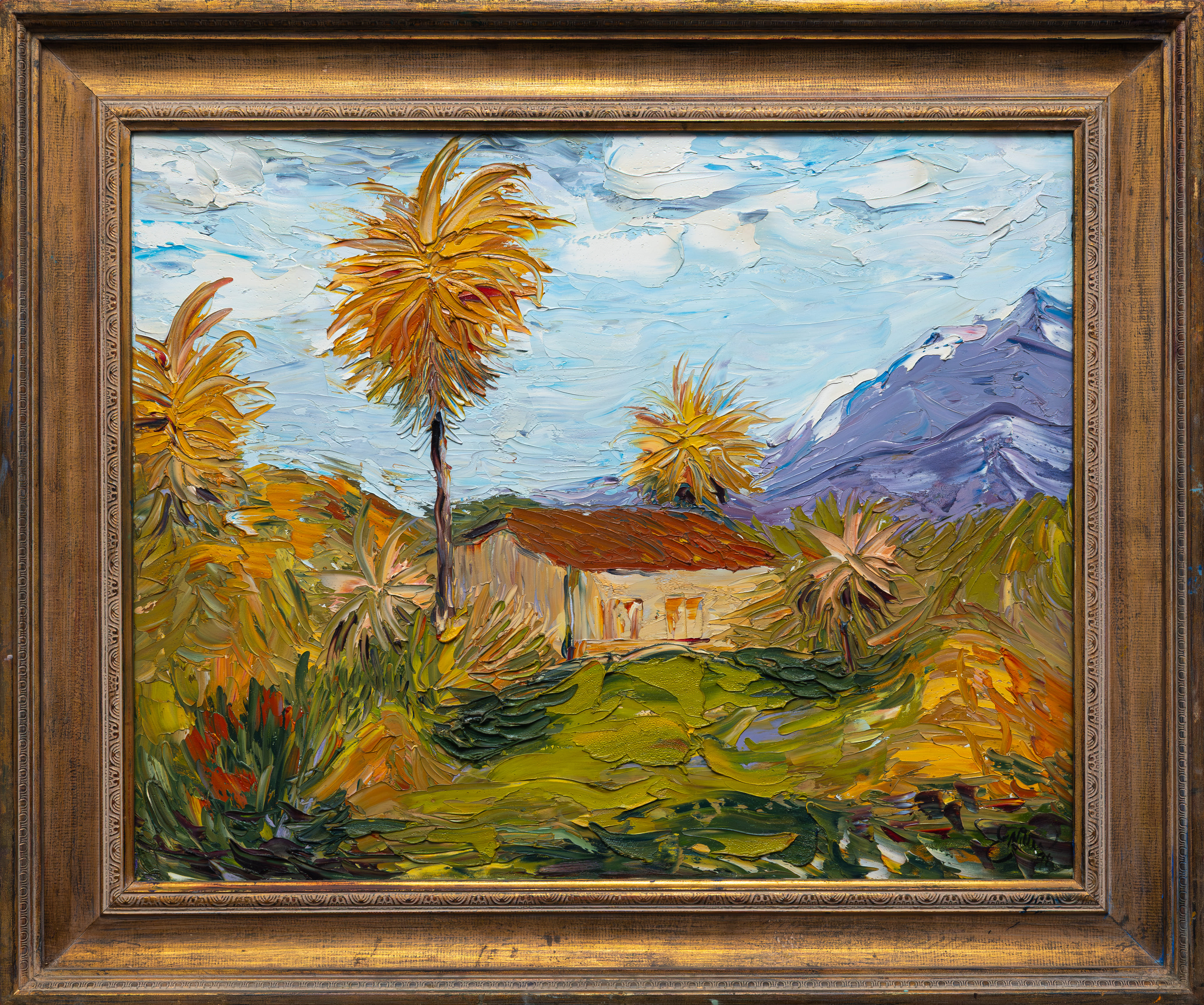 Costa Rica Red Roof, a 1998 palette knife oil painting by JD Miller of a red-roofed house among golden palms and greenery with mountains behind.