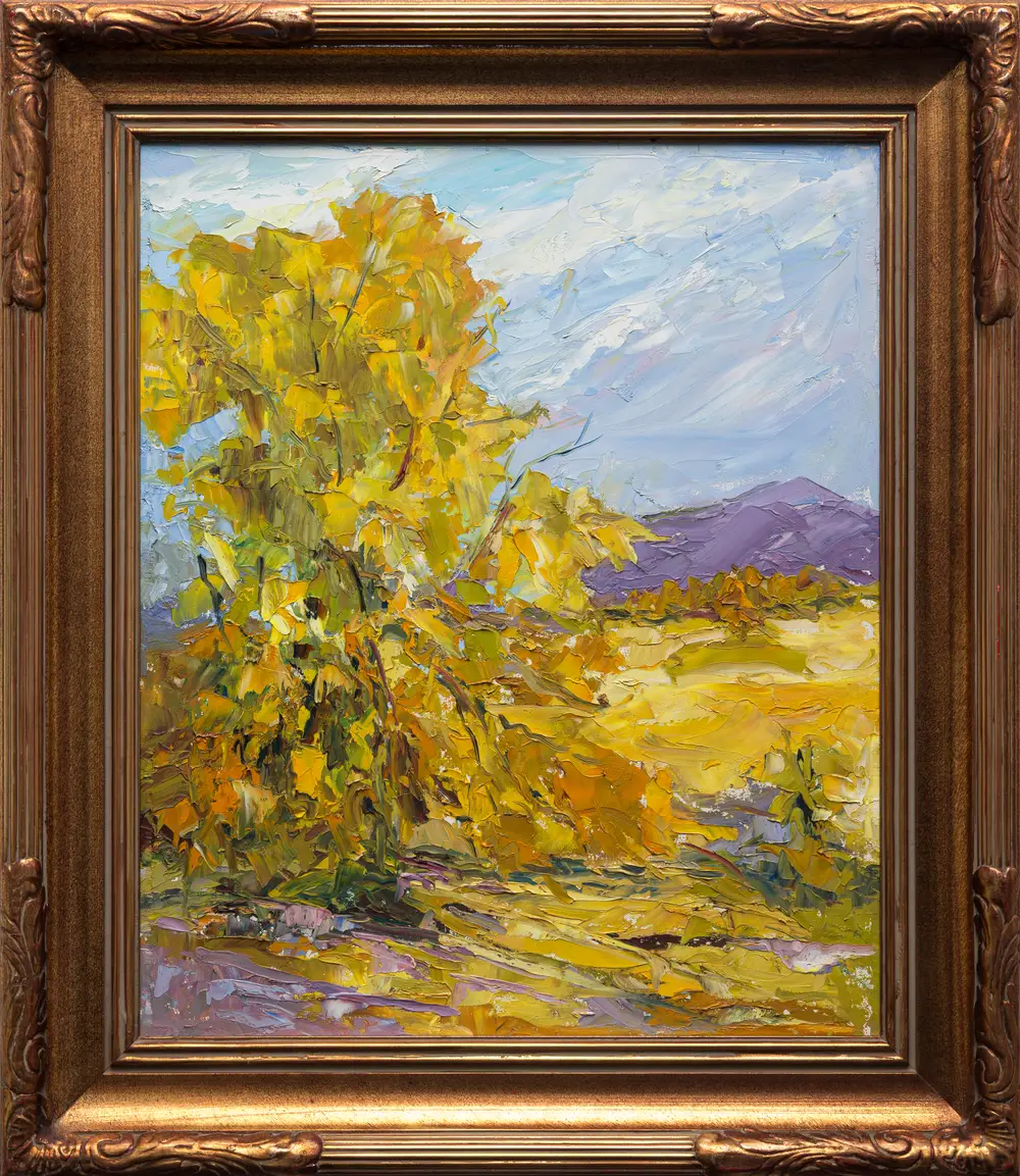 Golden Aspen on a Summer Day, a 1998 palette knife oil painting by Liz Richardson of a glowing golden aspen tree in a sunlit field with purple mountains behind.
